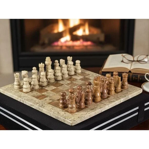 Handmade Marble Chess Set Brown chess Board & Pieces storage box Christmas gift - Picture 4 of 16
